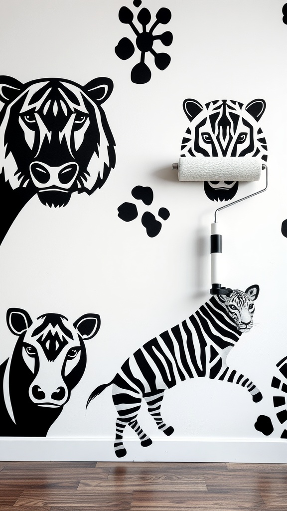 A wall decorated with bold black-and-white animal prints featuring a tiger, zebra, and cow, with a decorative roller nearby.