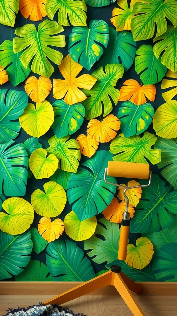 Decorative wall with bright tropical leaves and a paint roller