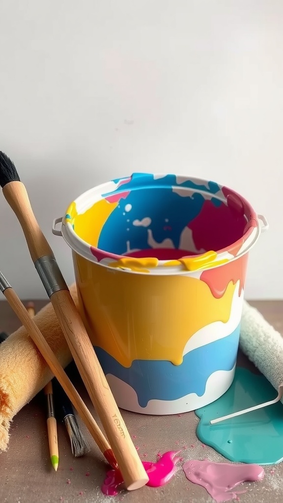 Colorful paint bucket with brushes and paint splatters