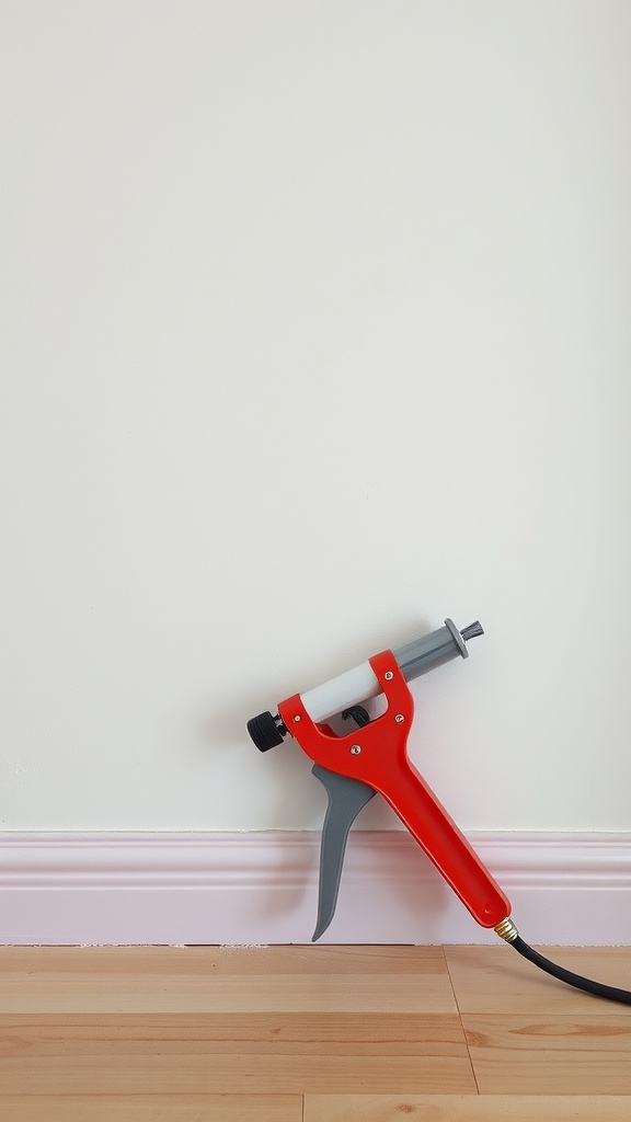 A red caulk gun leaning against a white wall.