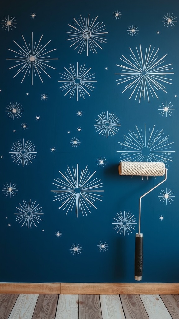 Wall decorated with celestial starburst patterns in white on a blue background, alongside a paint roller.