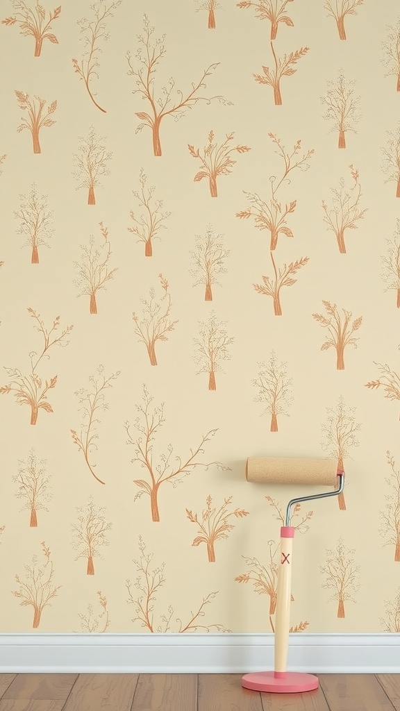 A wall with a soft beige background featuring tree and plant illustrations in orange, alongside a decorative roller.
