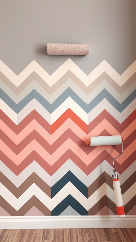 Wall with chevron pattern in pastel colors and decorative rollers