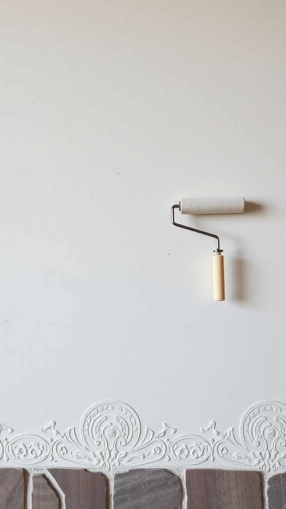 A wall partially finished with classic stucco texture, showcasing a decorative roller.