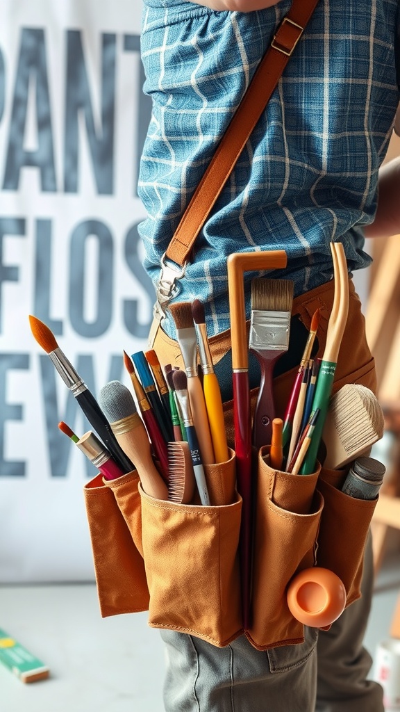 A compact tool belt filled with various painting tools, showcasing an organized approach to storage.