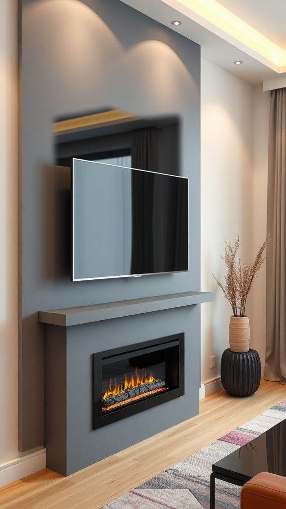A modern living room featuring a wall-mounted electric fireplace below a TV, with a sleek design and warm tones.