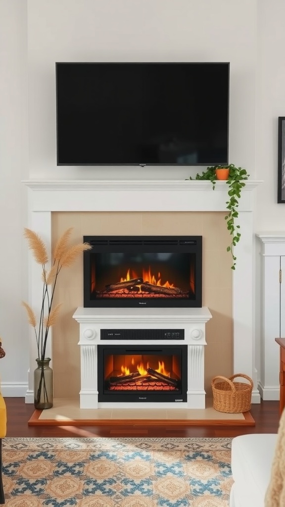 Electric fireplace with TV above in a cozy cottage-style living room