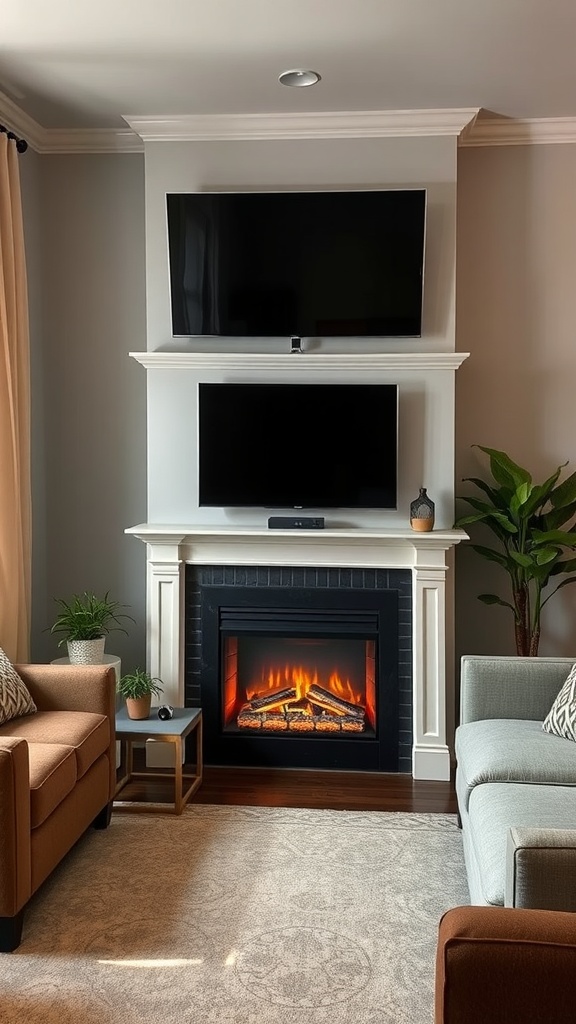 Cozy corner setup with electric fireplace and TVs above in a living room.