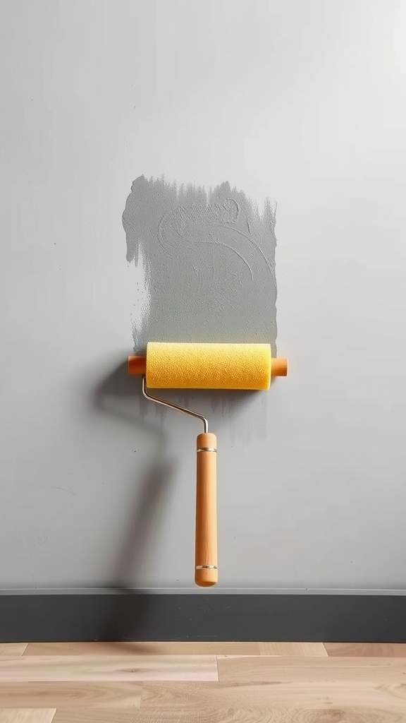 A paint roller with a yellow sponge covered in gray paint on a wall.