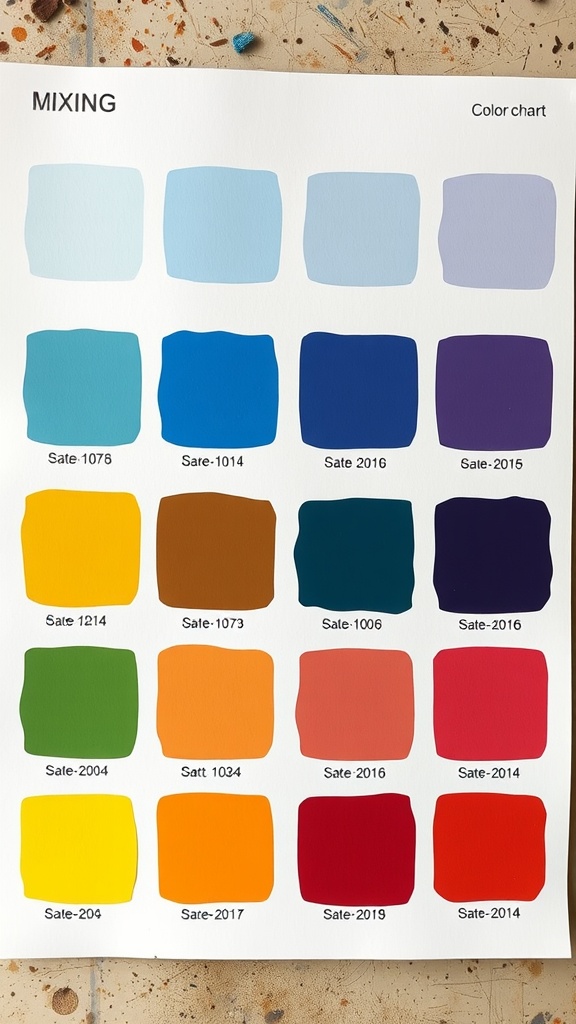 A color mixing chart showcasing various paint colors with their corresponding codes.