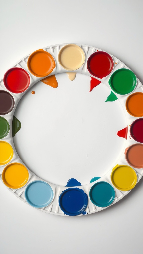 A circular paper plate with various paint colors arranged in a color wheel layout.