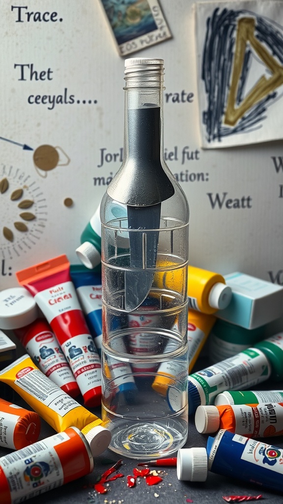 A plastic palette knife submerged in water within a clear bottle, surrounded by various tubes of paint.