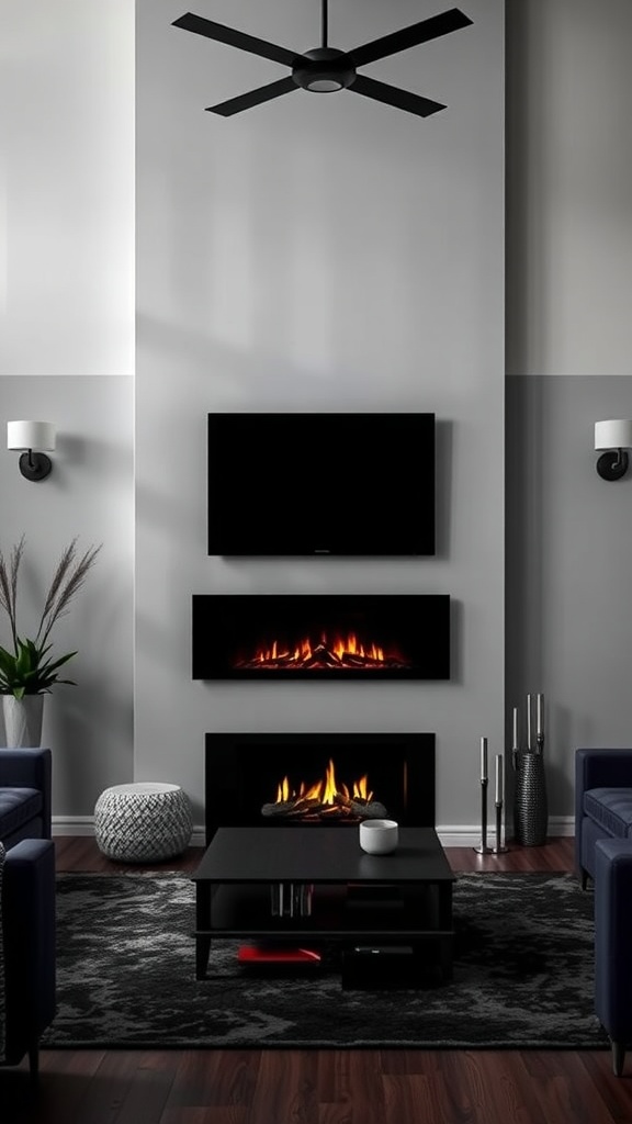 Living room featuring dark walls, an electric fireplace, and a TV mounted above.