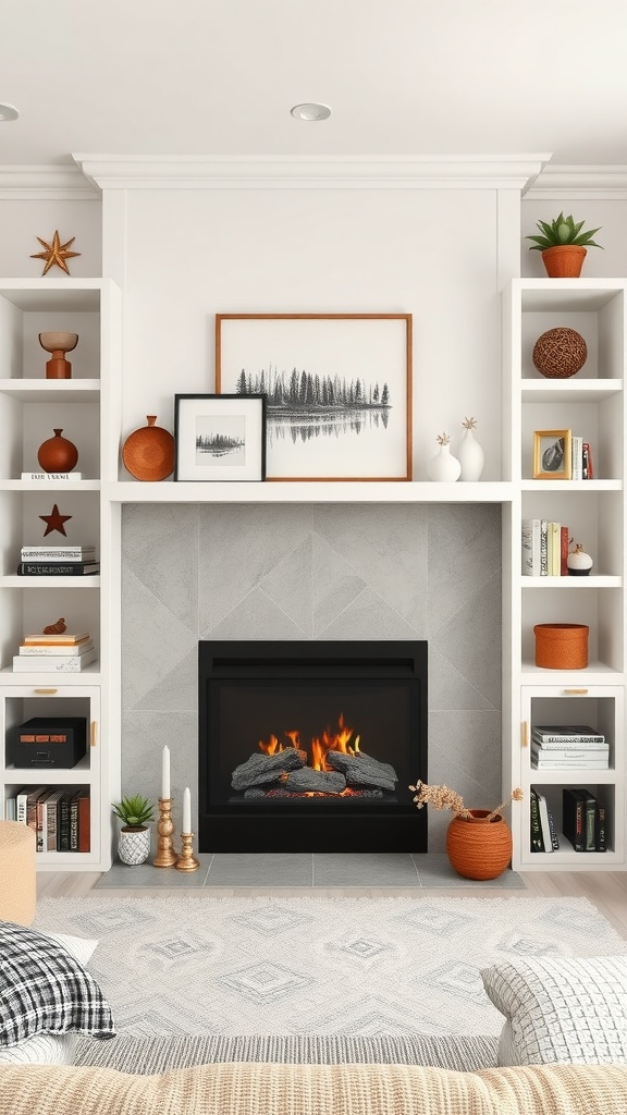 Cozy living room featuring an electric fireplace with decorative shelving on both sides.
