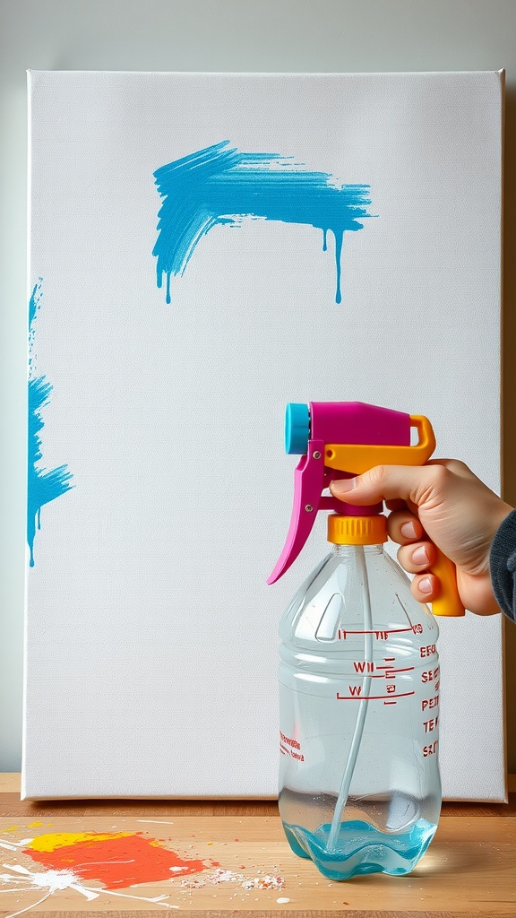 A colorful DIY paint sprayer made from a plastic bottle, filled with blue paint, with paint drips on a canvas.