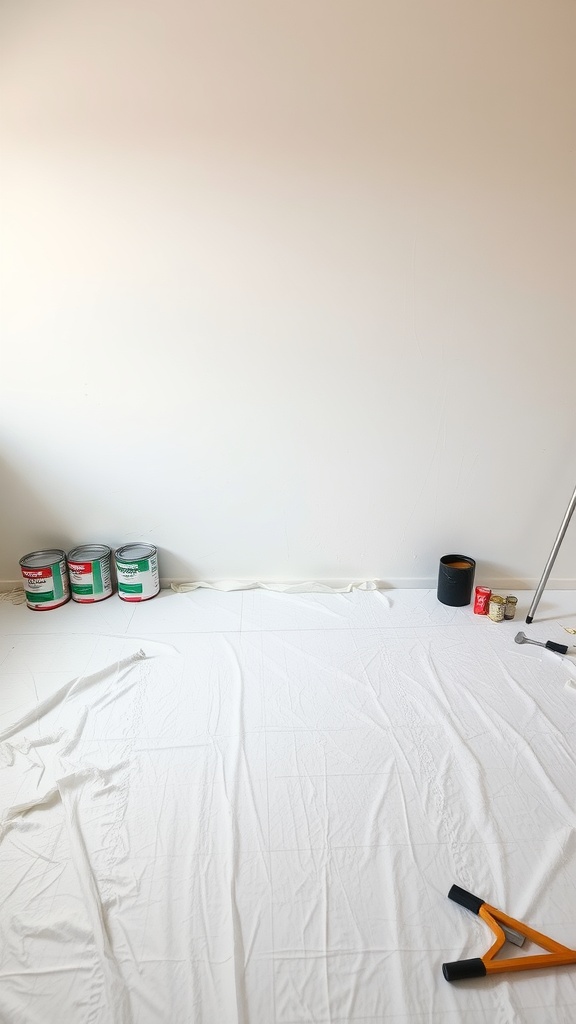 Drop cloth on the floor with paint cans in the background.