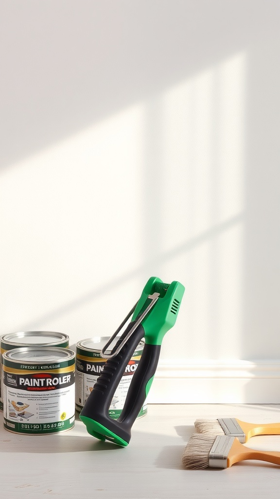 A green and black dual-function paint edger with paint cans and brushes