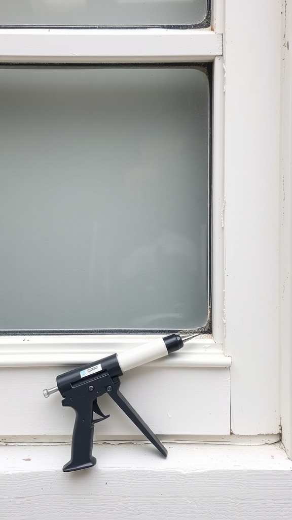 A durable caulk gun positioned against a window frame, ready for use in painting and sealing projects.