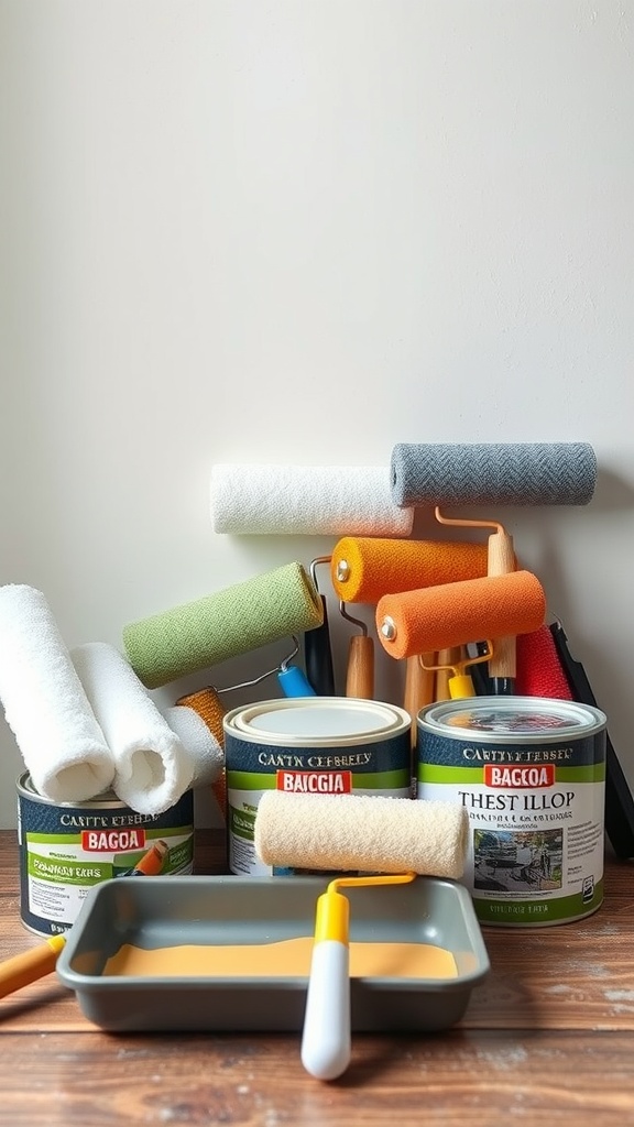 An assortment of durable roller covers next to paint cans, showcasing various colors and types for smooth finishes.