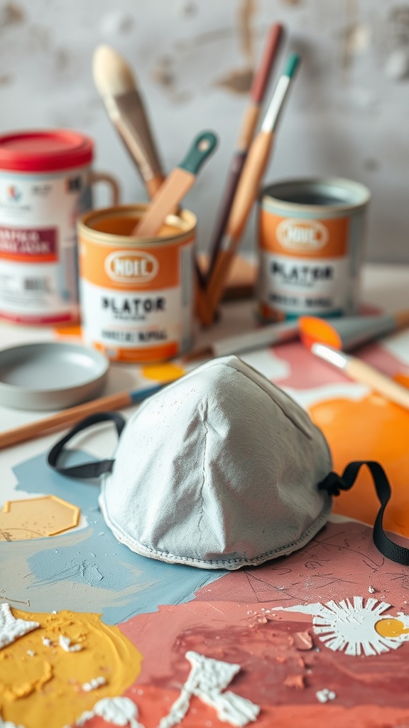 A dust mask on a colorful paint-splattered surface with paint cans and brushes in the background.