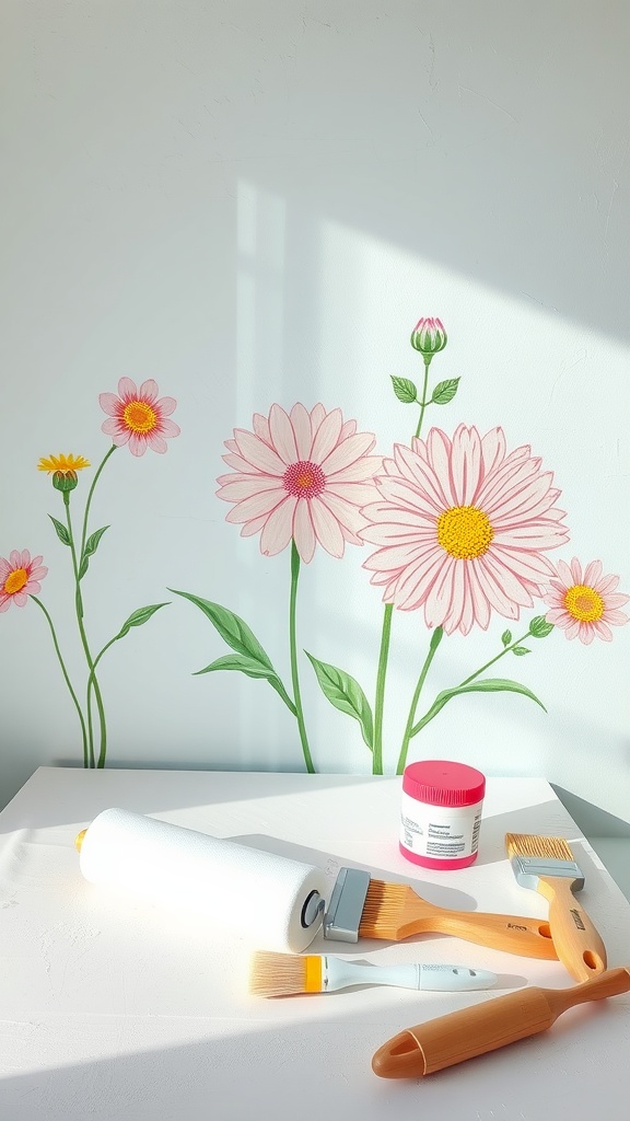 A set of painting tools including a rubber roller, brushes, and paint container arranged near a flower wall decoration.