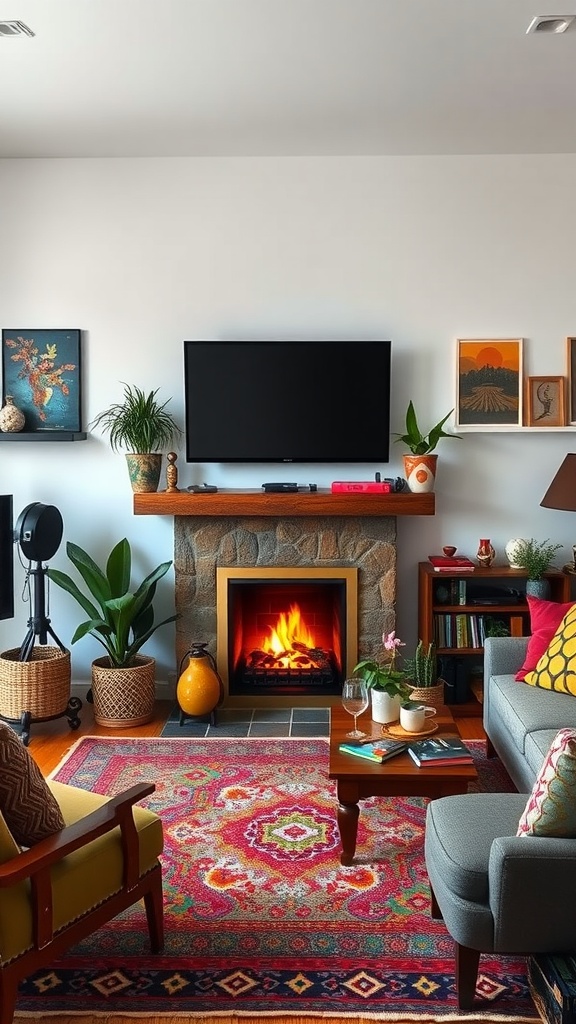 Cozy living room with an electric fireplace, TV above it, plants, and vibrant decor.