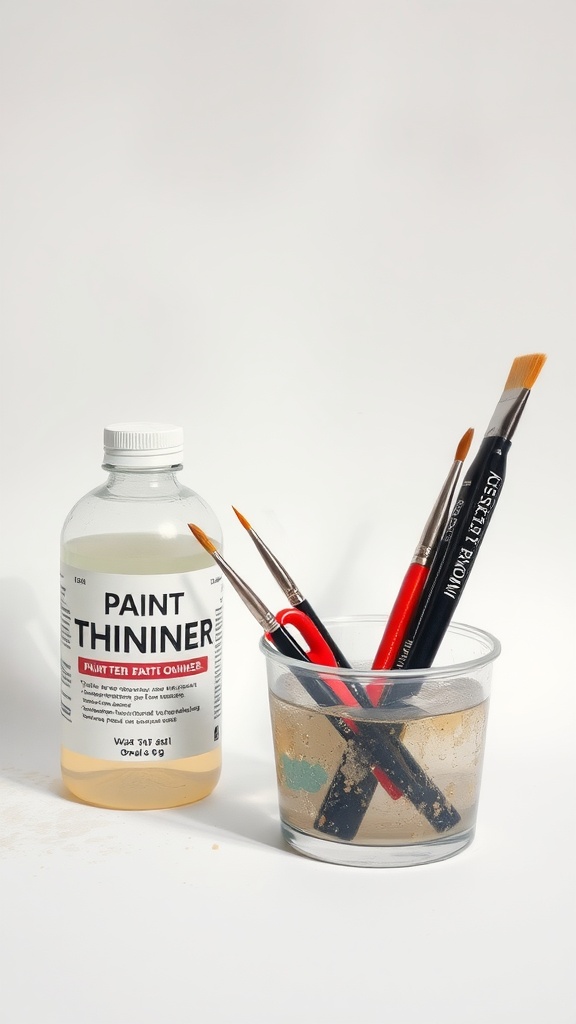 A bottle of paint thinner next to a cup containing brushes and thinner.