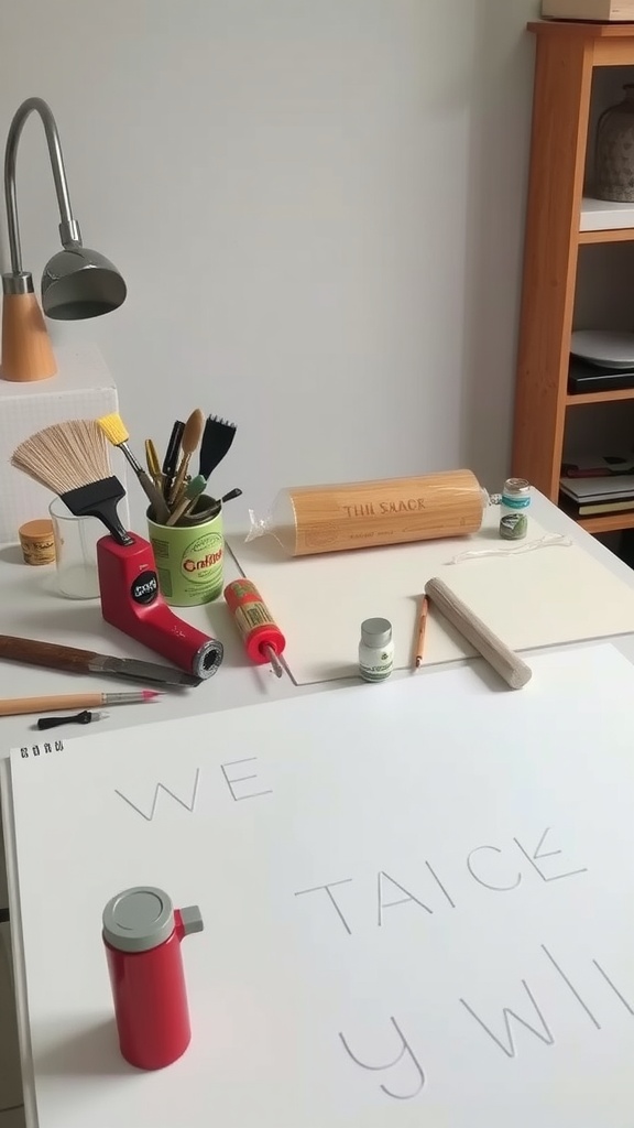 Various painting tools including brushes, a glue gun, paint pots, and a light setup for surface preparation