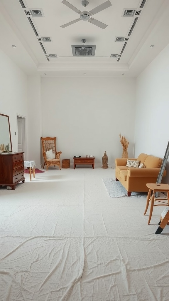 A spacious room with a white drop cloth covering the floor, showcasing a cozy couch and decorative items.