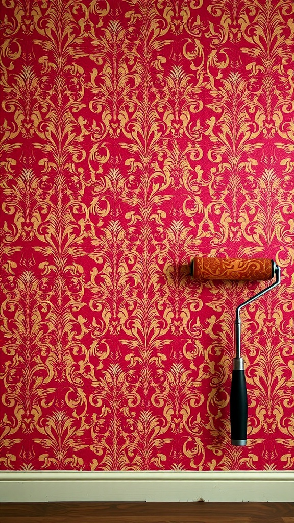 Wall with elegant damask pattern in red and gold, featuring a decorative roller
