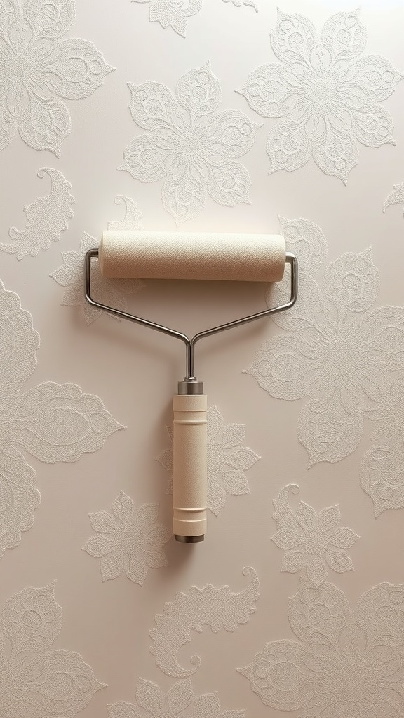 A decorative roller on a wall with an elegant lace texture pattern