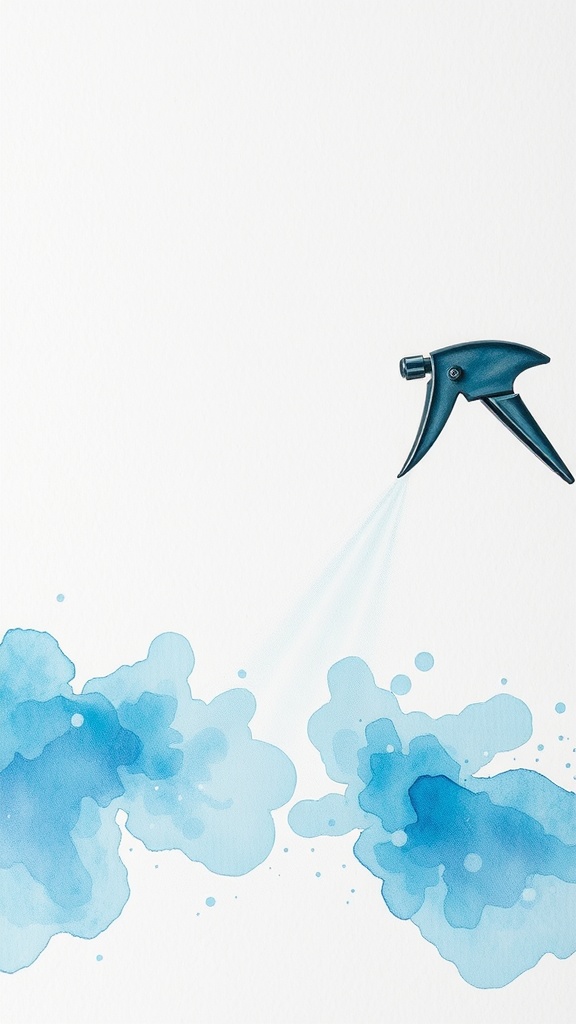 A spray bottle misting water over blue watercolor splotches on paper