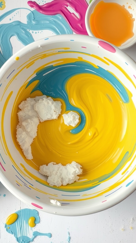 A colorful mixing bowl with paint and cornstarch, illustrating a DIY paint thickening hack.