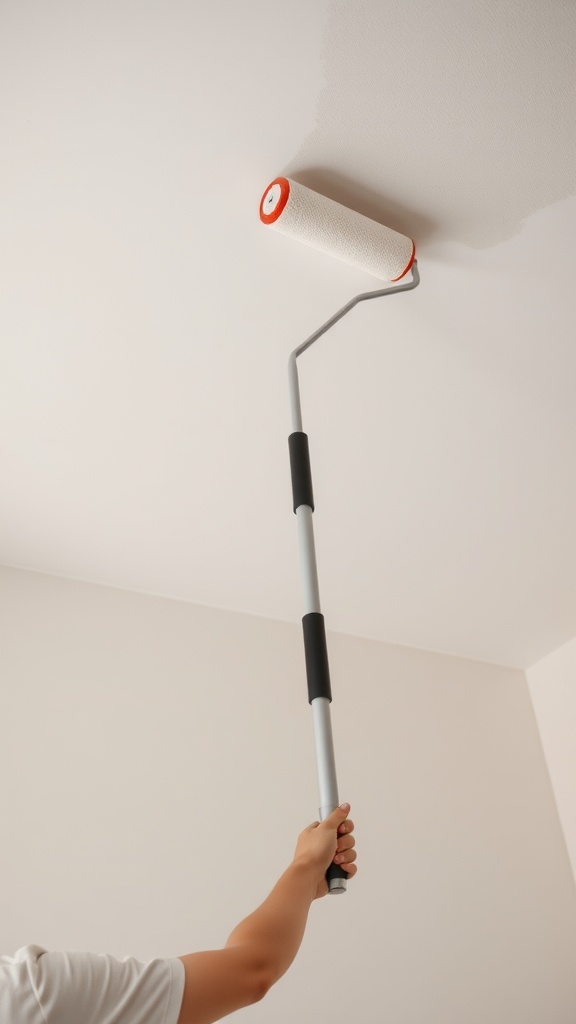 A person holding an ergonomic paint roller extension while painting the ceiling.