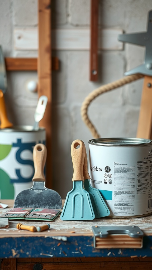 A variety of paint scrapers and tools arranged on a workbench, including a blue scraper, a metal scraper, and other prepping tools.