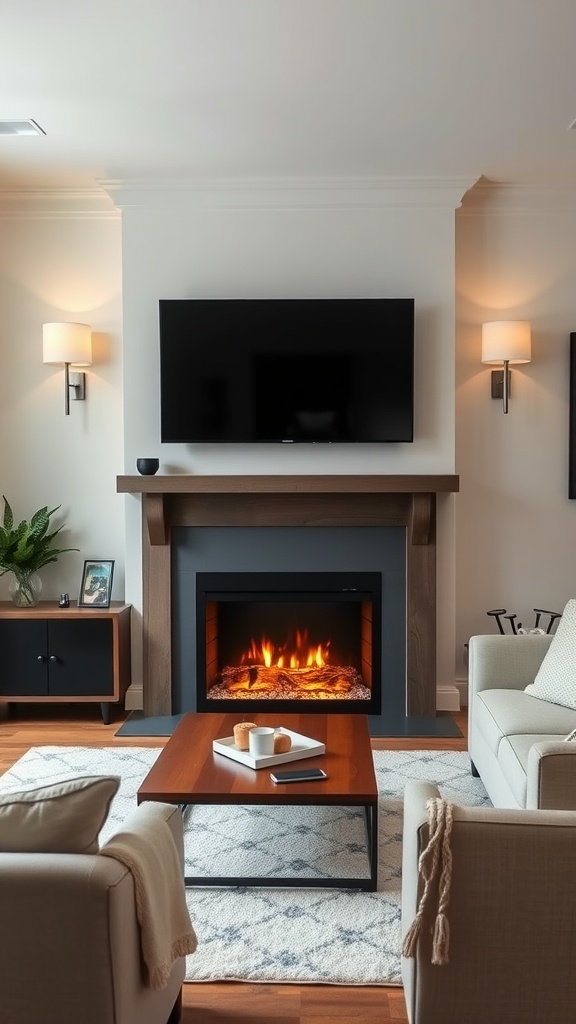 A cozy family room featuring an electric fireplace and a TV mounted above, with comfortable seating and warm lighting.