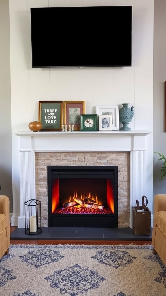 A stylish farmhouse living room featuring an electric fireplace with a TV above, vintage decor on the mantel, and a cozy rug.