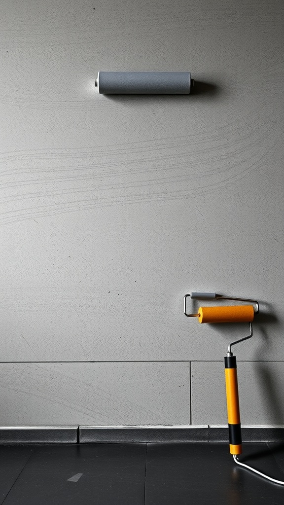 Decorative roller and a gray wall showcasing a faux concrete finish.