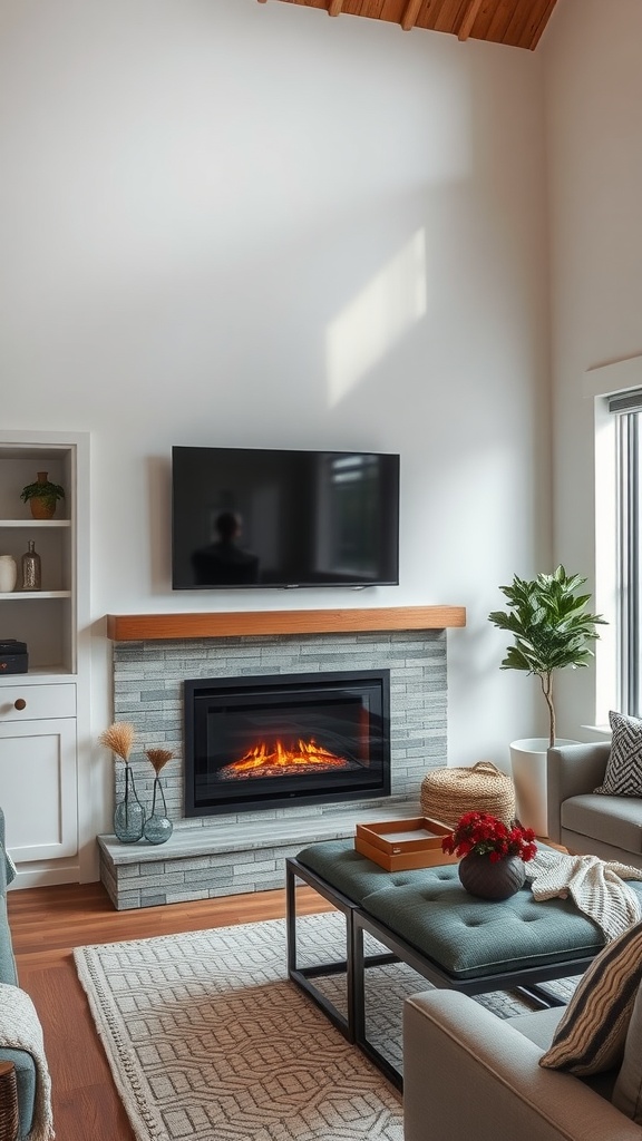 Cozy living area with electric fireplace and TV above