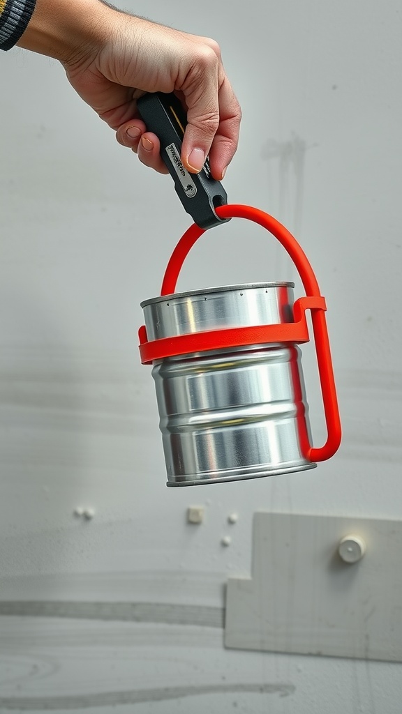 A hand holding a paint can with a red gripper, showcasing easy handling.