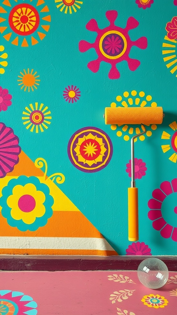 A colorful wall with 70s-inspired patterns, featuring a decorative roller.