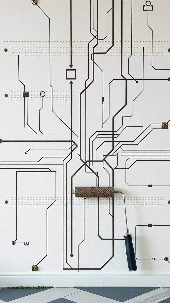 A wall with a futuristic circuit design and a decorative roller resting against it.