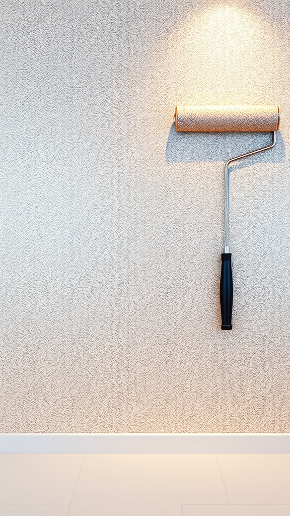 A decorative roller resting against a textured wall with a glamorous glitter finish