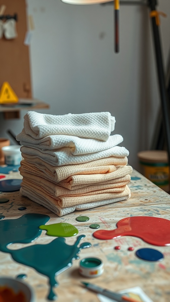 A stack of white and beige rags on a table with colorful paint splatters around.