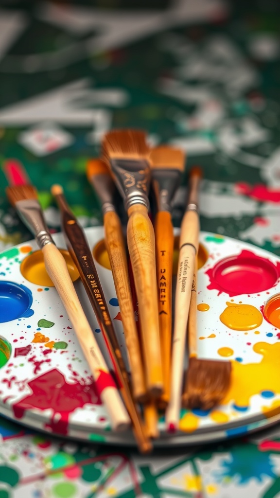 An assortment of paint brushes on a colorful paint-stained palette.