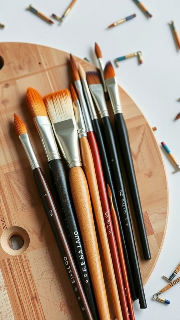 A variety of paintbrushes on a wooden palette, showcasing different shapes and sizes for painting.