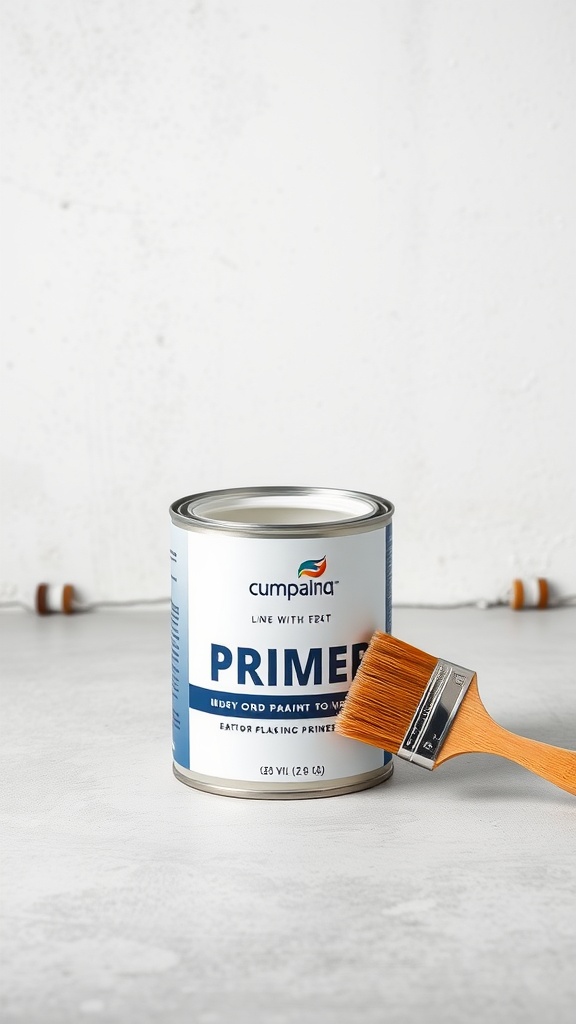 A can of primer with a brush, emphasizing the importance of using primer for painting projects.