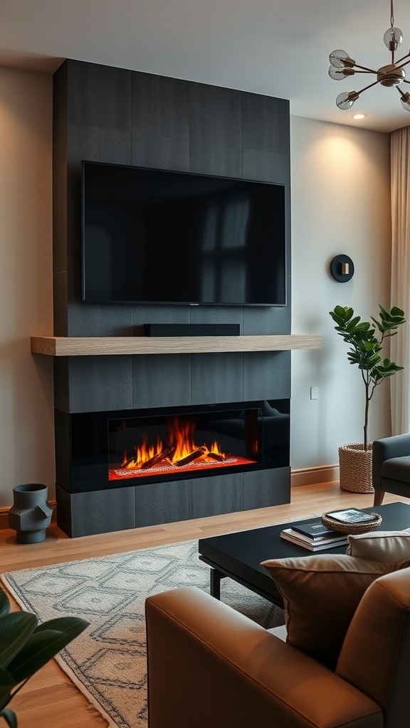A modern living room featuring a TV above an electric fireplace, blending technology and comfort.