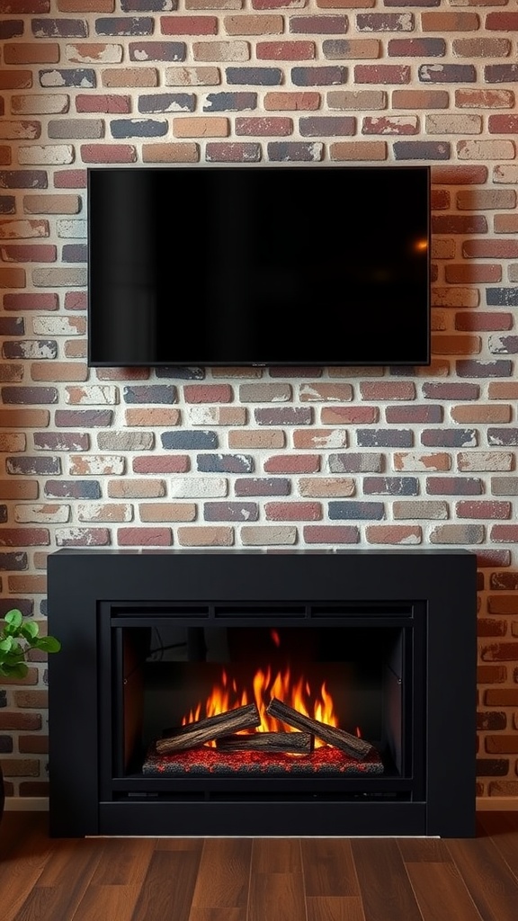 A modern electric fireplace set against an exposed brick wall, with a TV mounted above and a small plant nearby.