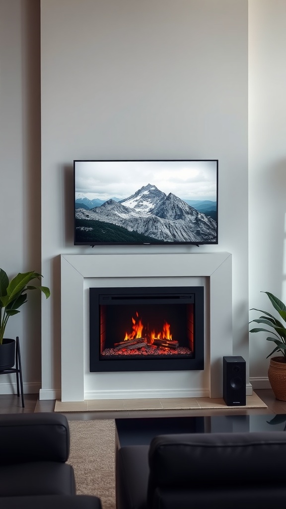 A modern living room featuring an electric fireplace with an integrated sound system, a TV mounted above displaying a mountain landscape, and stylish furniture.